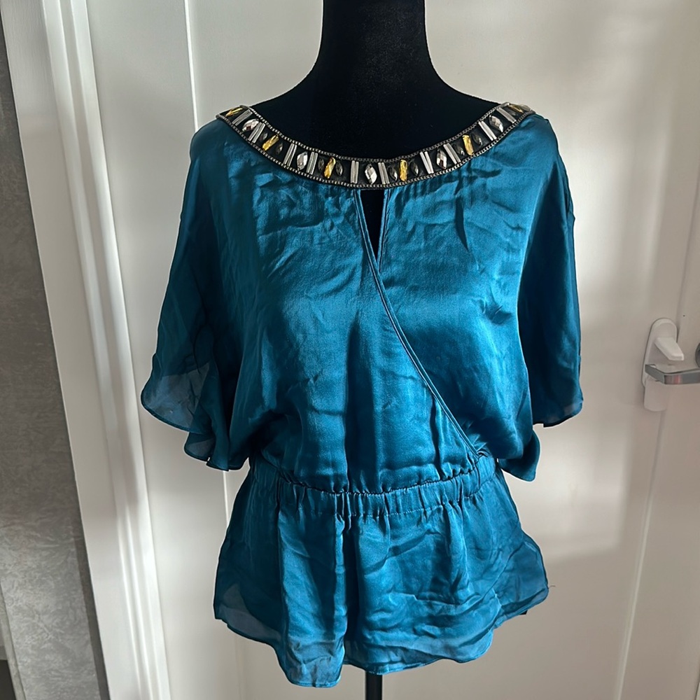 Bebe 💯 silk blue blouse top embellished with jewels